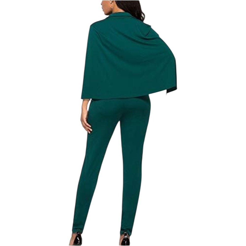 Cape Blazer Jumpsuit Womens XL Green New Plunging V-Neck Double Breasted Slim